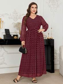 大码几何印花长袖连衣裙，优雅 - 酒紅色 - 查看 6