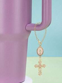 1pc Steering Wheel Decor Chain - Virgin Mary Pendant And Diamond Cross Steering Wheel Accessory, Multi-Color Options; Catholic Pendant, Car Accessories, Cross Keychain, Adjustable Chain, Fashion Accessory - A - View 7