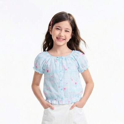 [Ruffled Cotton Linen Shirt] Girls' Summer Style Fresh Floral Print Korean Style Elegant Versatile Puff Sleeve Top