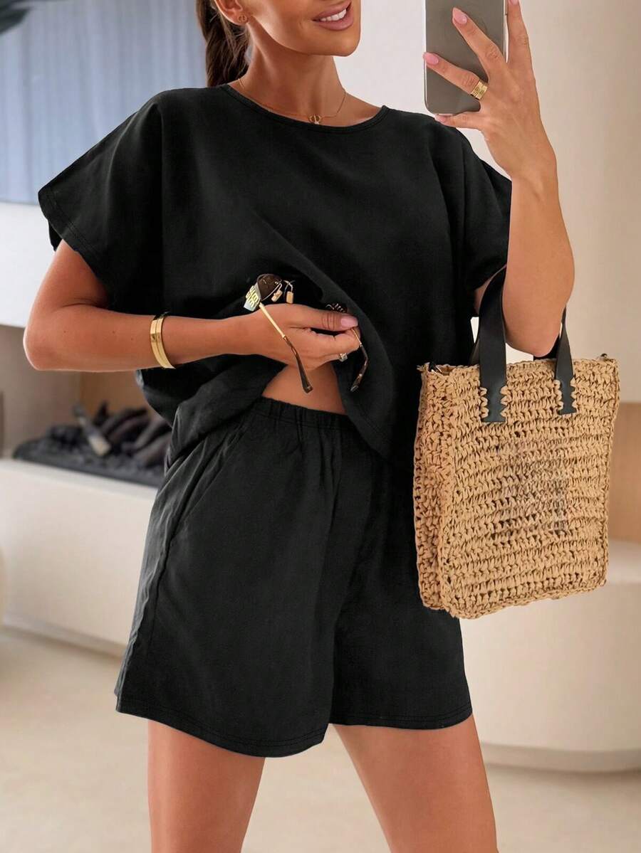 Summer Set - Black Linen Blend Top And Shorts, Suitable For Beach And Brunch - Black - View 1