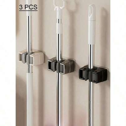 1/3pcs Wall Mounted Mop & Broom Holder, Modern Plastic Storage Clip, No Drill Adhesive Storage Solution, Suitable For Bathroom And Kitchen, Practical Hooks