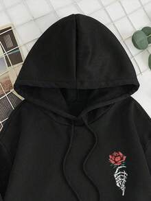 New Women's  HoodiesModa Masculina Explosiva Mangas CortasValentine's Day Rose Skull Print Women Long Sleeve Pocket Drop Shoulder Casual Hoodie - 黑色 - 查看 4