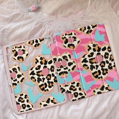 A Cute Cartoon Floral Leopard Print Blue Butterfly Pattern Double-Sided Acrylic Transparent Crystal Back Cover, Shock-Absorbing, Suitable For IPad 7th, 8th, 10th Generation (10.2 Inch), Built-In Pencil Slot, Support Sleep/Wake Function, Ideal Gift