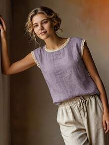 女士复古亚麻短袖上衣，蕾丝拼接圆领宽松透气亚麻混纺T恤，夏季 - 蒟蒻紫 - 查看 4