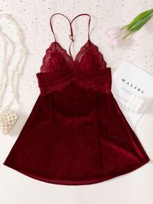 New Sexy Velvet Lace Patchwork Y-Strap Backless Nightgown, Rave - Burgundy - View 13