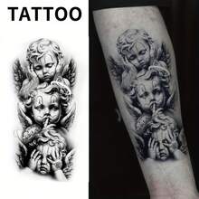Temporary Tattoo - Black & White Angel Wings Design, Waterproof Body Jewelry Lasting 1-2 Weeks, Suitable For Parties, Memorials - Realistic Permanent Tattoo Effect, Easy Removal, Delicate Line Art, Ink,Sketch Style - Halloween - View 2