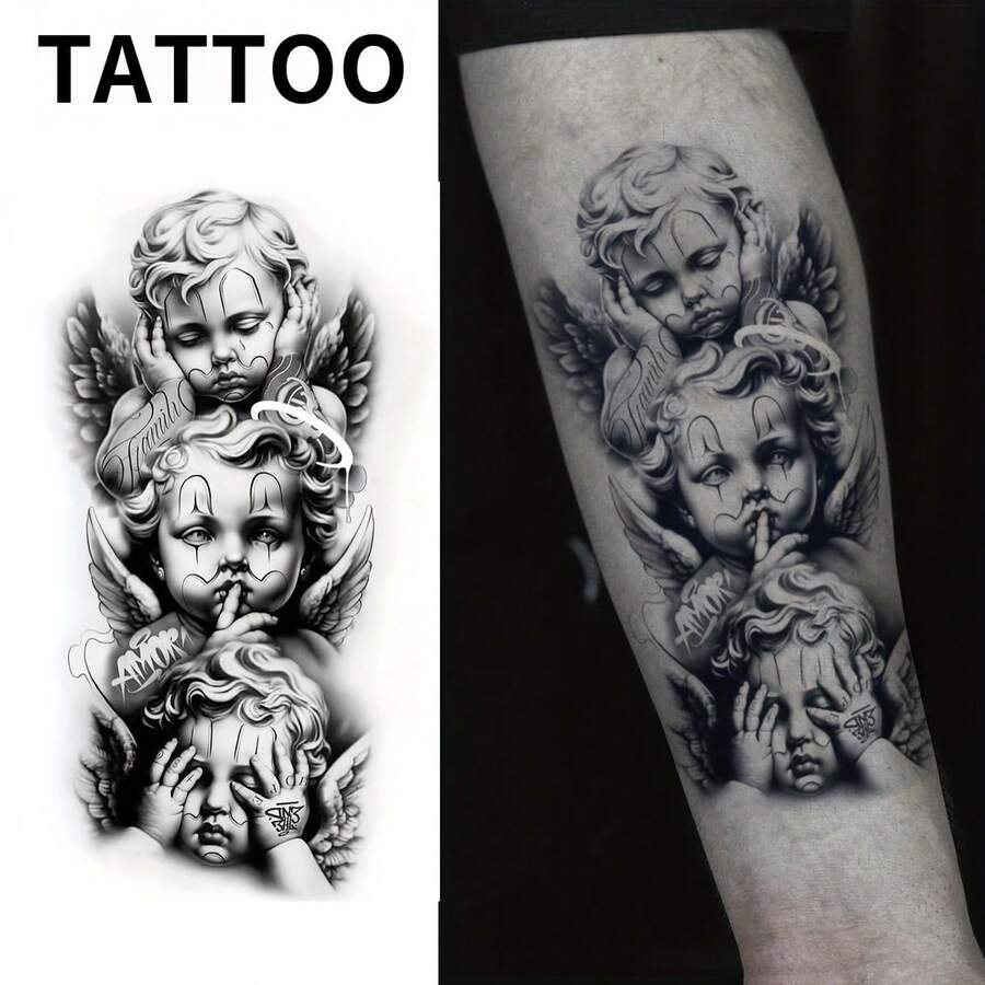 Temporary Tattoo - Black & White Angel Wings Design, Waterproof Body Jewelry Lasting 1-2 Weeks, Suitable For Parties, Memorials - Realistic Permanent Tattoo Effect, Easy Removal, Delicate Line Art, Ink,Sketch Style