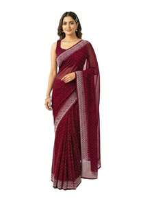 Estationeryhouse Designer Georgette Saree With Shimmer Stripes, Swarowski Work, Large Border, With Unstitched Blouse Piece - Maroon - View 3