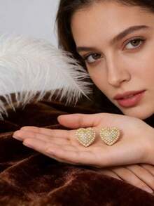 新款欧美风铜质微镶锆石心形耳钉，女士结婚周年纪念礼物 - 彩色 - 查看 6