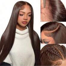 ZHENDEFA 巧克力棕色隐形绑带360°无胶蕾丝前假发，直发，预先拔毛，200密度，高清透明蕾丝前假发，带抽绳360°蕾丝假发 - S4 - 查看 5