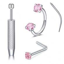 Bộ 1 khuyên mũi bằng thép không gỉ và khuyên mũi hình chữ L đính đá Cubic Zirconia sáng bóng hình trái tim/tròn/sao, kèm dụng cụ xỏ khuyên và hướng dẫn vị trí, phù hợp cho cả nam và nữ, có thể đeo hàng ngày. - Nhiều màu - Xem 9