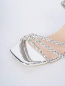Metallic Color Rhinestone Strap Elegant Open Toe High Heel Sandals, Suitable For Casual Daily Wear And Party Events In Spring/Summer For Teenagers - Silver - View 10