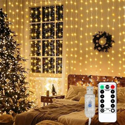 300/200/100 LED窗帘灯，带遥控器，8种灯光模式，USB供电，适用于圣诞节、万圣节、母亲节、卧室、客厅、窗户、婚礼、派对装饰