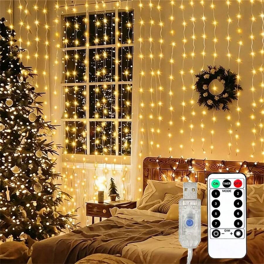 600/300/200/100 LED Window Curtain Fairy Lights, 8 Modes Remote Control, USB Hanging Bedroom Wall Christmas Decor