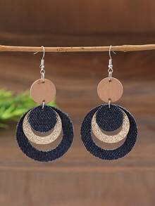 复古木质牛仔蓝色圆形耳环，波西米亚风闪亮牛仔多层独特设计耳环 - 牛仔藍 - 查看 9