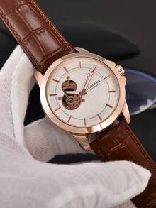 LONGLUX 1pc Men's Hollow Automatic Mechanical Waterproof Leather Band Watch, High-End Casual - White - View 7