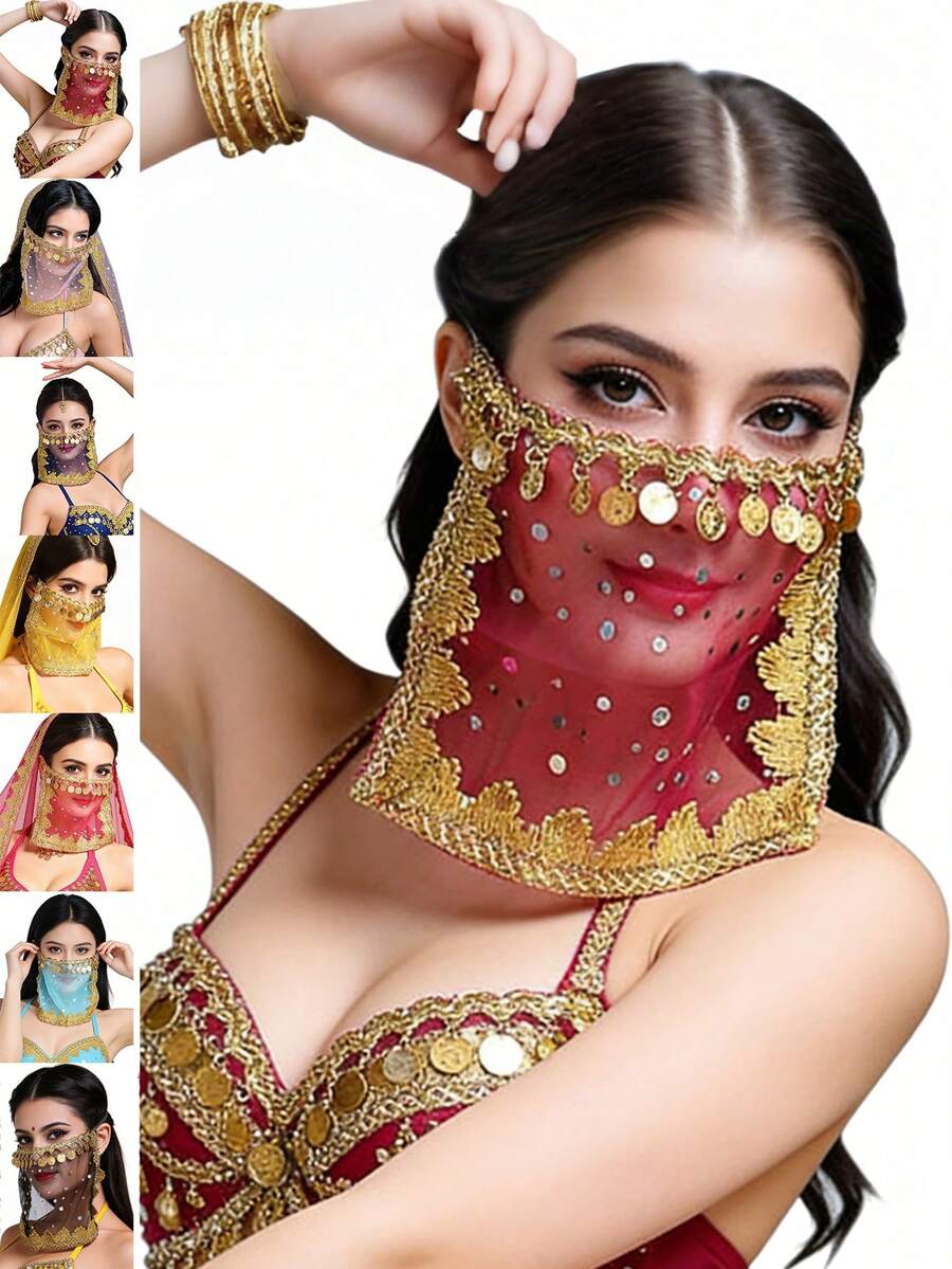 Bohemian Coin Fringe Sequin Embellished Sheer Mesh Face Veil - Exotic Belly Dance Accessory, Music Festival & Halloween Cosplay Face Decor (Multiple Colors Available) - Multicolor - View 1