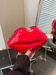 1pc Fashionable Shiny Lip Shaped Women Chain Crossbody Unique Mini Handbag PU Leather Small Bag - 紅色 - 查看 4