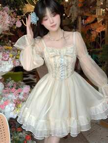 Cute School-Style White Puff Sleeve Shirt Dress For Summer. A Slimming, Short Dress With A Waistband. Wanpiece Cami Dress. Wanpiece Women's. - 杏色 - 查看 7