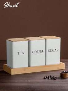 shoxil 3PCS/Set Square Coffee Storage Can, Coffee Bean Canister, Tea Canister, Sugar Canister, Bamboo Lid & Iron Body Container, For Coffee Beans, Tea Leaves, Snacks, Home Kitchens, Coffee Shops, Pantry Organization, Gift Giving - Multicolor - View 3