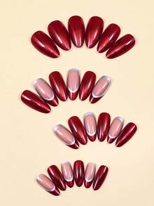 24PC Dark Red Cat Eye Press On Nails Almond - Soft Gel Short Press On Nails For Women Gift, Glossy Glue On Nails In Reusable Fake Nails Kit With Glue, Wine - Multicolor - View 4