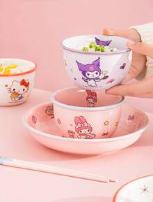 3pcs Sanrio Character Ceramic Rice Bowls, Hello Kitty, Kuromi, Chichi & Lili Designs, Porcelain Material, Colorful Rim, Non-Slip Base, Large Capacity, Microwave & Dishwasher , Heat Resistant, Stackable, Easy To Clean, Cute Tableware, Suitable For Children Boys & Girls, Ideal Gift For Sanrio Fans - Multicolor - View 10