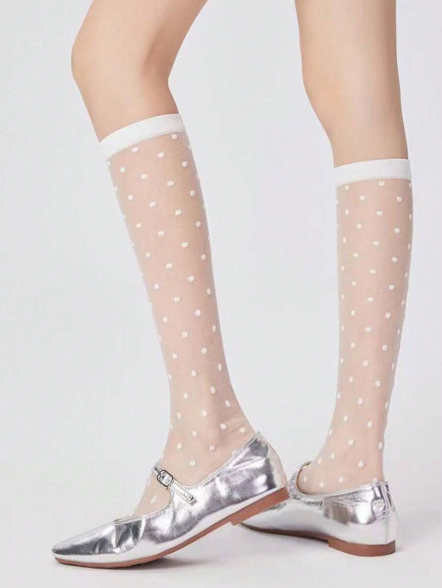 1双波点透明网纱过膝袜，透气轻薄透明女款长筒袜 - 彩色 - 查看 1