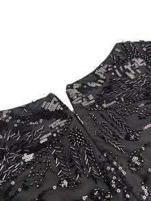 SUPGIR 女士 V 领亮片拼接喇叭袖修身雪纺优雅晚礼服 - 黑色 - 查看 8