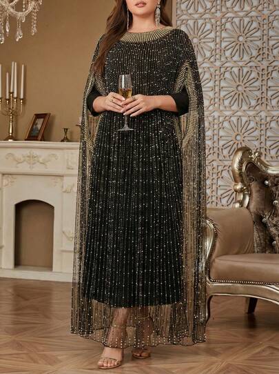 Elegant Black Dignified Women's Round Neck Batwing Sleeve Beaded Robe, Dignified Inelastic Two Pieces Arabic Maxi Dress, Embroidered Pearls, Sequin Patchwork, Pearl Detail Long 3/4 Sleeve