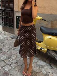 GLOpass Summer Vacation Vibe Brown Polka Dot Skirt, Sheer Mesh Ruffle Hem Design, Retro French Style Slimming Long Fish Tail Skirt For Women - Brown - View 5