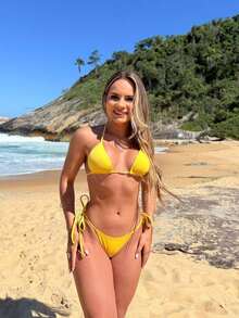 Zoe Triangle Bikini Set With Tie-Side Bottoms, Luxury Beachwear For Women, Summer, And Swimming. - 黃色 - 查看 2