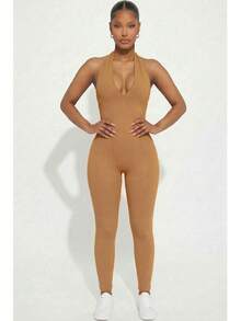 Women's Rib Knit Halter V-Neck Bodycon Jumpsuit - Casual Solid Color, Slim Fit Summer Jumpsuit, Polyester, Machine Washable - Coca Mocha - View 1