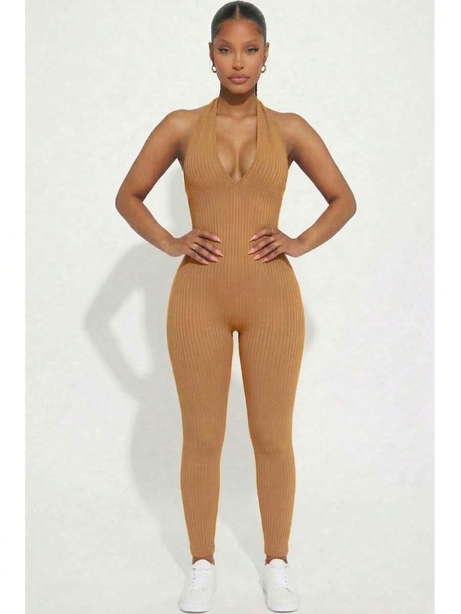 Women's Rib Knit Halter V-Neck Bodycon Jumpsuit - Casual Solid Color, Slim Fit Summer Jumpsuit, Polyester, Machine Washable - Coca Mocha - View 1
