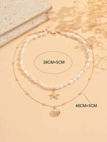 2pcs Summer Beach Vacation Style Natural Seashell & Gold Starfish Pendant Necklace, Handmade Metal Chain Versatile Seashell Jewelry Accessory Suitable For Daily Wear, Beach Travel, Handcrafted Chain Length Adjustable, Natural Seashell Shape And Pattern Randomly Varied - Multicolor - View 5