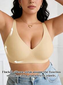 1pc Of Women'S Plus Size V-Neck Seamless Jelly Striped Bra, Plus Size Sexy Leopard Print Bra, Soft Lift Wireless Bra, High Elastic Fabric, Full Cup Wireless Design | Comfortable Breathable Jelly Padding, Women'S, Casual Leopard Print Bra - 杏色 - 查看 5