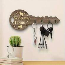 Perchero de llaves de estilo moderno con 4 ganchos de madera - Organizador de llaves de pared decorativo para el hogar - Fácil instalación, obra de arte hecha a mano - Patrón de pareja y gato - Multicolor - Ver 4