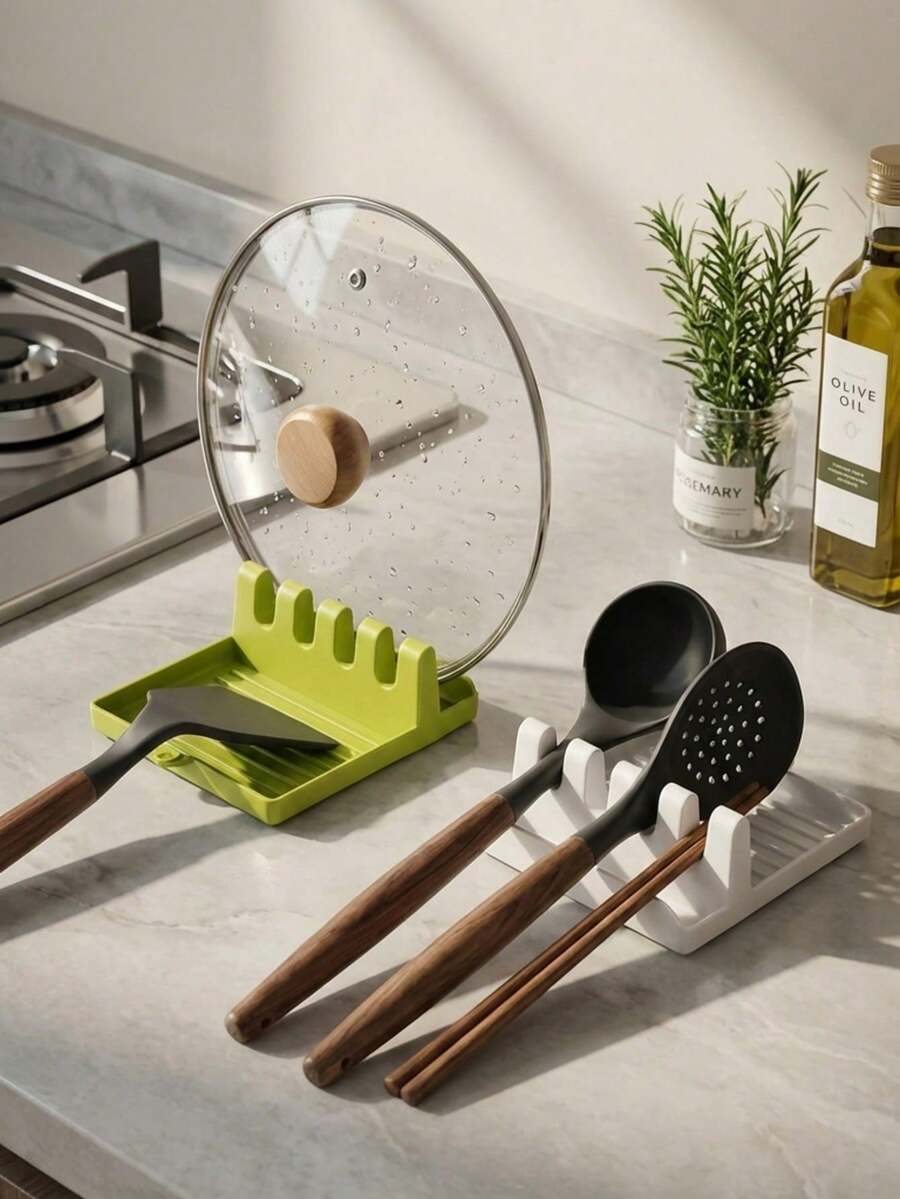 1pc Multi-Function Pot Lid & Ladle Holder, Plastic Kitchen Storage Rack, Spatula Holder, Anti-Drip Stand, Essential Kitchen Tool