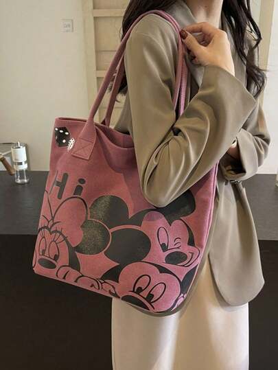 新款时尚简约百搭可爱都市卡通帆布包手提包托特包，轻便便携，可作收纳袋、斜挎包、化妆包、户外休闲包、手提包、单肩包，大容量书包，多功能户外手提包，可装口红、化妆刷、护肤品、雨伞、水杯、饭盒、手机、书籍等，是馈赠亲朋好友的理想之选。