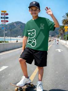 青少年男童极简主义线条熊图案圆领短袖T恤+卡其色休闲裤夏季新款套装 - 彩色 - 查看 1