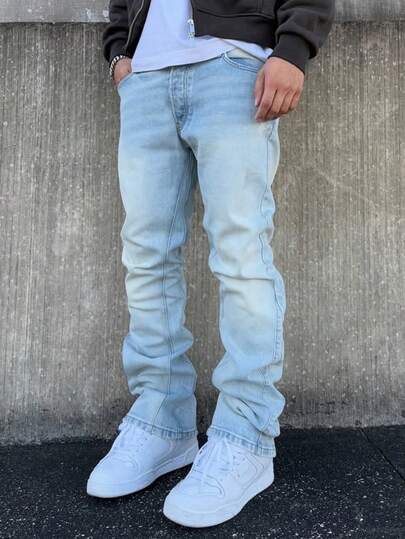 Men's Vintage Washed Light Blue Elastic Casual Jeans, Versatile American Streetwear Style, Suitable For Spring And Autumn