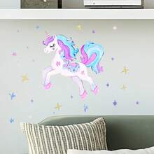 1 pieza Pegatina de pared que brilla en la oscuridad con unicornio y estrellas, con un unicornio de melena y cola degradadas en morado y azul decoradas con un patrón de estrellas, en un esquema de color suave y soñador. Adecuado para dormitorio, sala de estar u otros espacios para agregar rápidamente un toque artístico y crear un ambiente cálido y romántico. - A - Ver 1