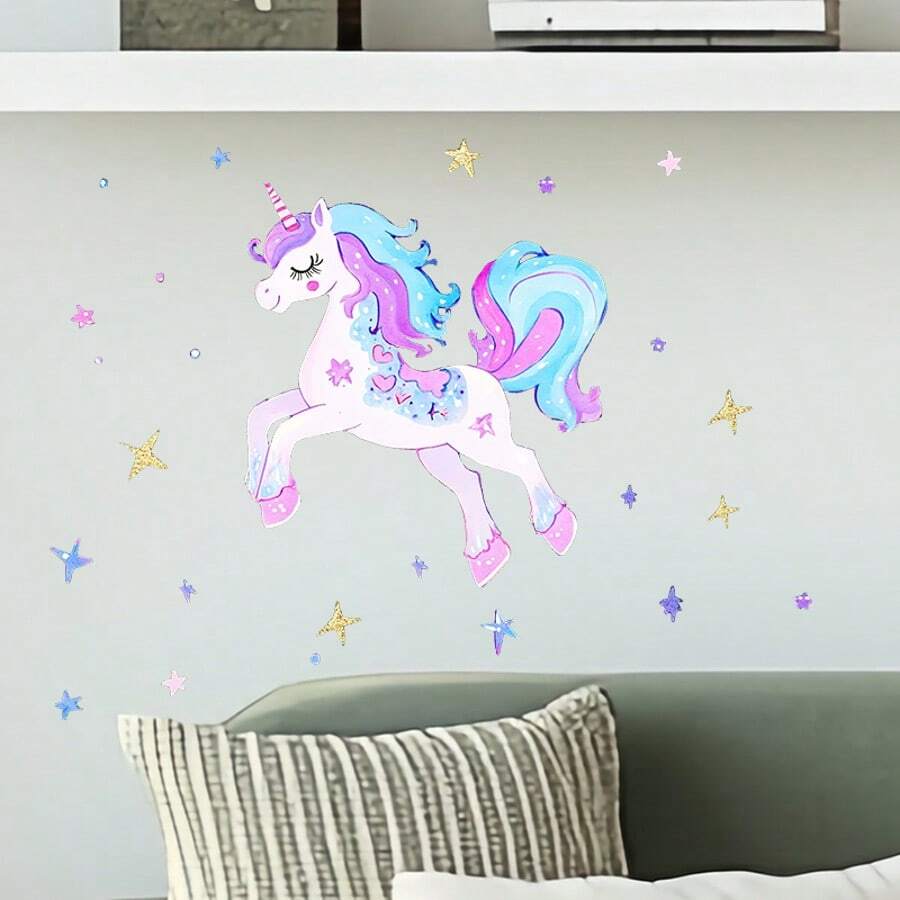 1 pieza Pegatina de pared que brilla en la oscuridad con unicornio y estrellas, con un unicornio de melena y cola degradadas en morado y azul decoradas con un patrón de estrellas, en un esquema de color suave y soñador. Adecuado para dormitorio, sala de estar u otros espacios para agregar rápidamente un toque artístico y crear un ambiente cálido y romántico. - A - Ver 1