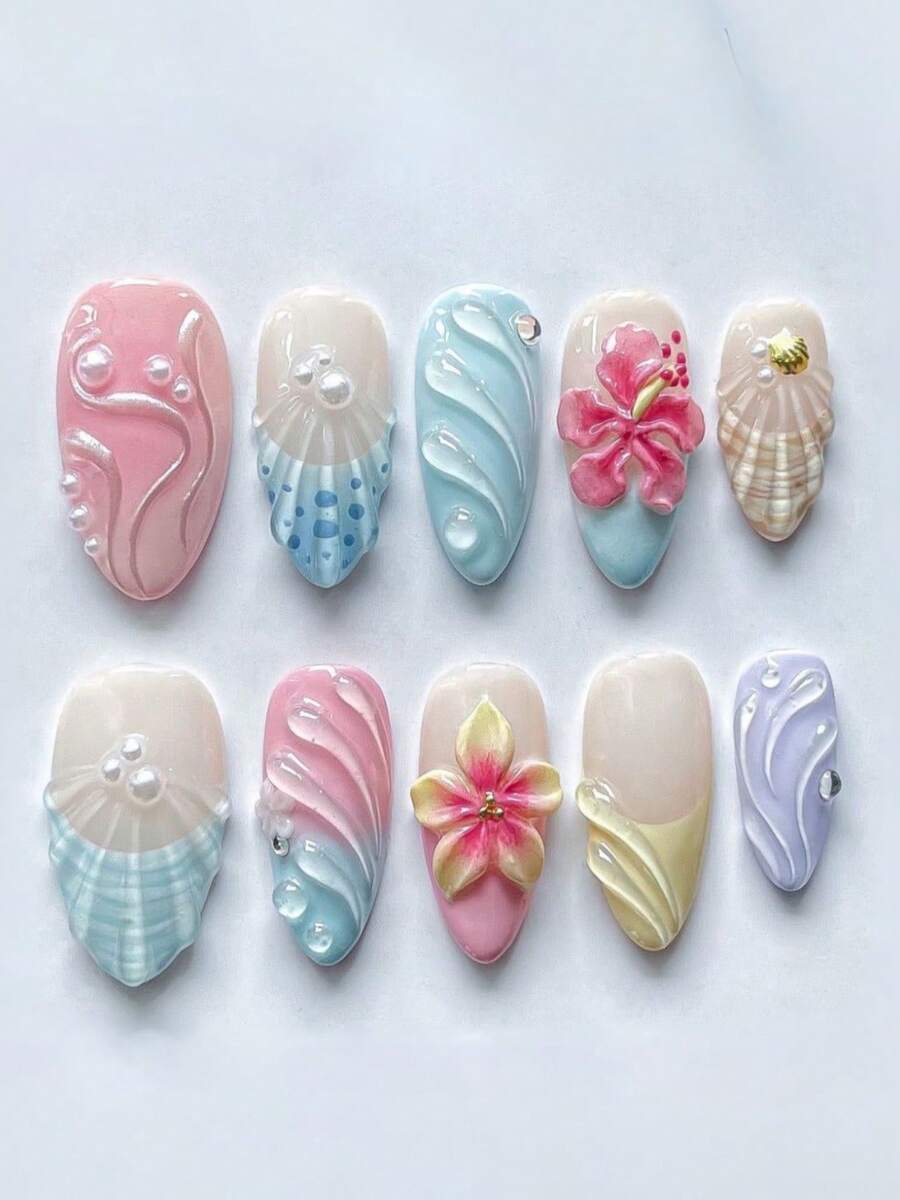 10 Pieces Of Handmade Stick-On Nails | Luxurious Pastel Cute Dopamine Summer Waves And Shell Embossed Nails | 3D Tropical Flower Design | Almond Shape | Glossy Surface | Reusable Fake Nails, Suitable As Gifts, Perfect For Beach Vacations, Parties, And Dates - Baby Blue - View 1