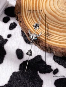 1 đôi bông tai dài hình đầu bò và xương rồng đính đá ngọc lam phương Tây, dành cho nữ. - Màu Bạc Cổ - Xem 3