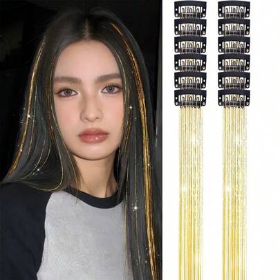 1/12 Pieces Clip In Medium Straight Synthetic Hair Extensions, Fashion Glitter Tinsel, Hair Accessories - Essential For Parties, Light-Emitting Wig, Clip In 20 Inch Colorful Glitter Hair Extensions, Holiday Gift Party Dazzling Hair Accessories - Lightweight Durable Synthetic Hair, Suitable For Festivals, Galas, Cosplay, Fashion Party Christmas Gift, K-Pop Costume Accessories