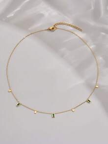 1件时尚绿色水钻吊坠项链，不锈钢简约长方形吊坠项链，适合女士日常穿搭和送礼。 - 金色 - 查看 4