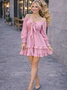 SHORT DRESS WITH LONG SLEEVES AND SPRING, COUNTRY STYLE, DOUBLE Ruffle, CEY FABRIC. MOD. ELSIE - Pink - View 4