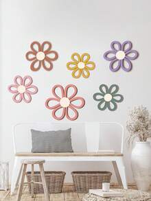 6pcs Boho Style Daisy Wall Decor, Wooden Daisy Stickers, Home Bedroom Decor, Farmhouse Bathroom Wall Art, Living Room Decoration, Anniversary Party Decor, Aesthetic Room Decor Housewarming Gift - Multicolor - View 1