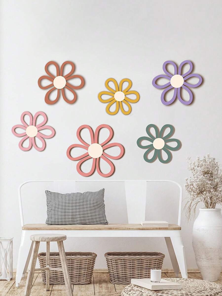 6pcs Boho Style Daisy Wall Decor, Wooden Daisy Stickers, Home Bedroom Decor, Farmhouse Bathroom Wall Art, Living Room Decoration, Anniversary Party Decor, Aesthetic Room Decor Housewarming Gift - Multicolor - View 1