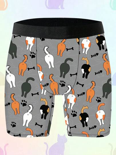 1 Piece Men's Novelty Boxer Briefs, Cartoon Fun Print, Street Graffiti & Healing Illustration Style, Knitted Fabric, Loose Sport Fit, Breathable & Sweat-Wicking, Soft & Skin-Friendly, Casual Athletic Boxer Underwear